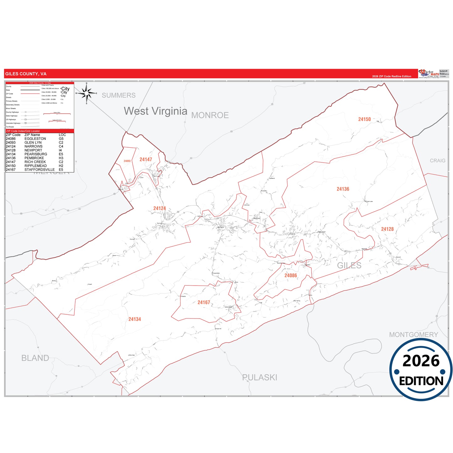 Giles County, VA Red Line 5 Digit ZIP Code Wall Map