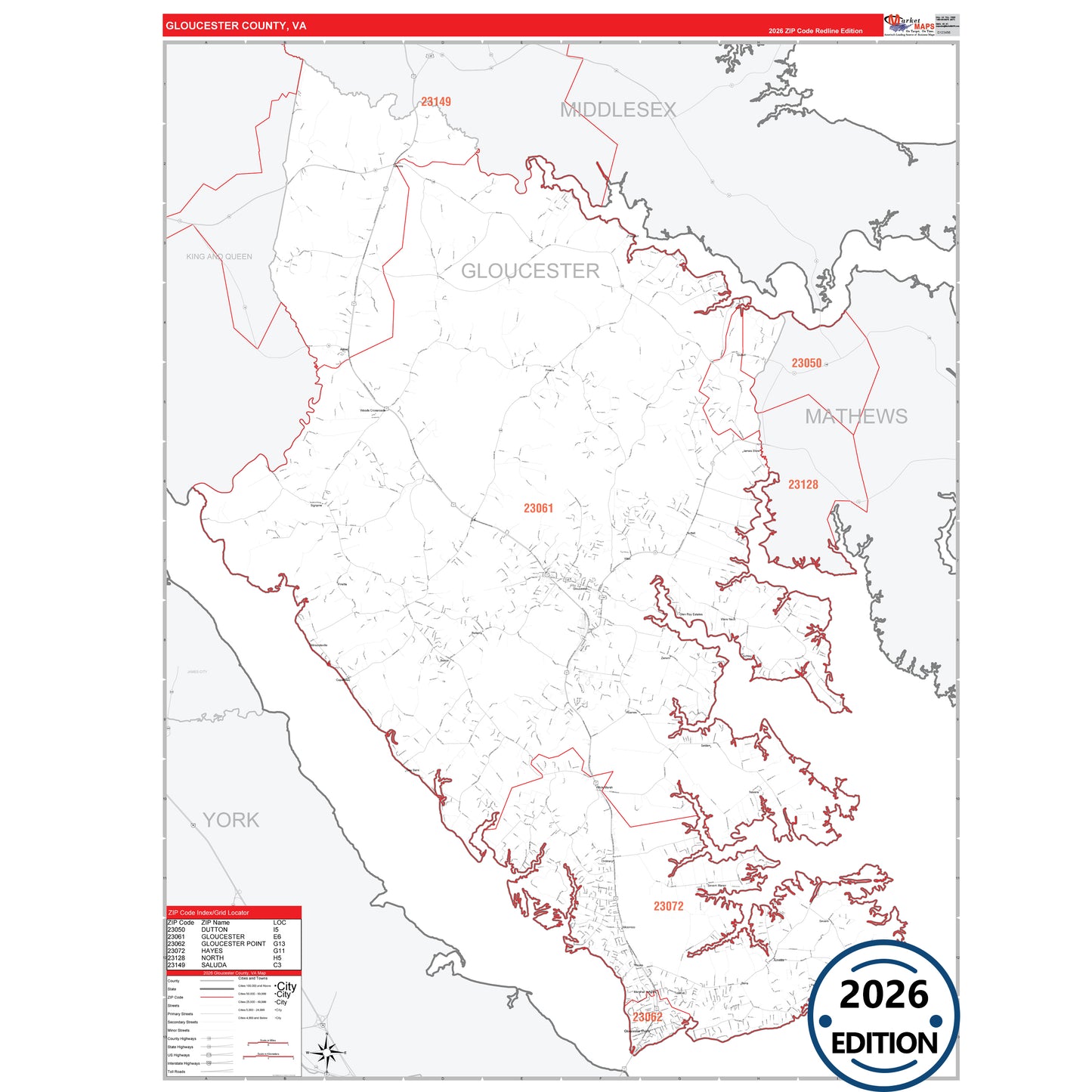 Gloucester County, VA Red Line 5 Digit ZIP Code Wall Map