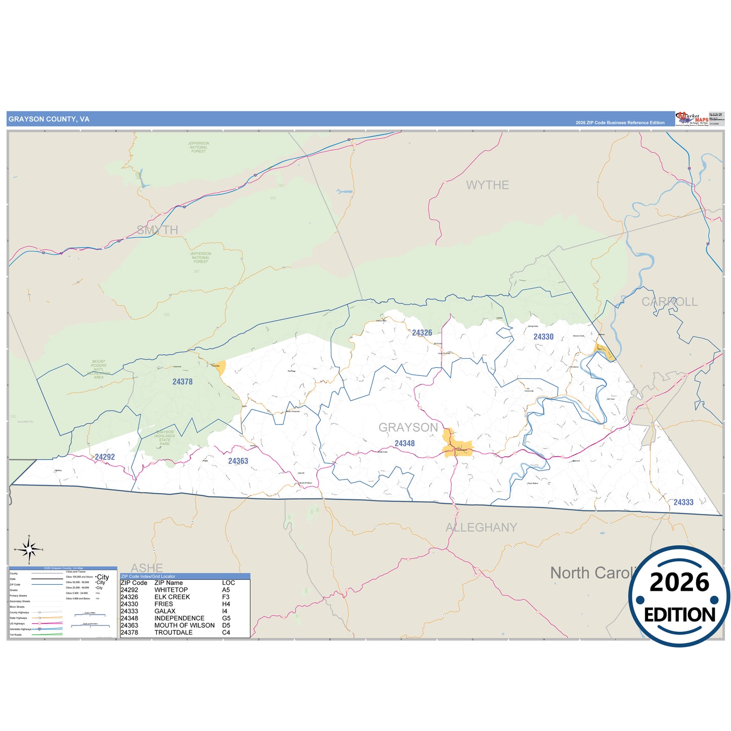 Grayson County, VA Business Reference 5 Digit ZIP Code Wall Map