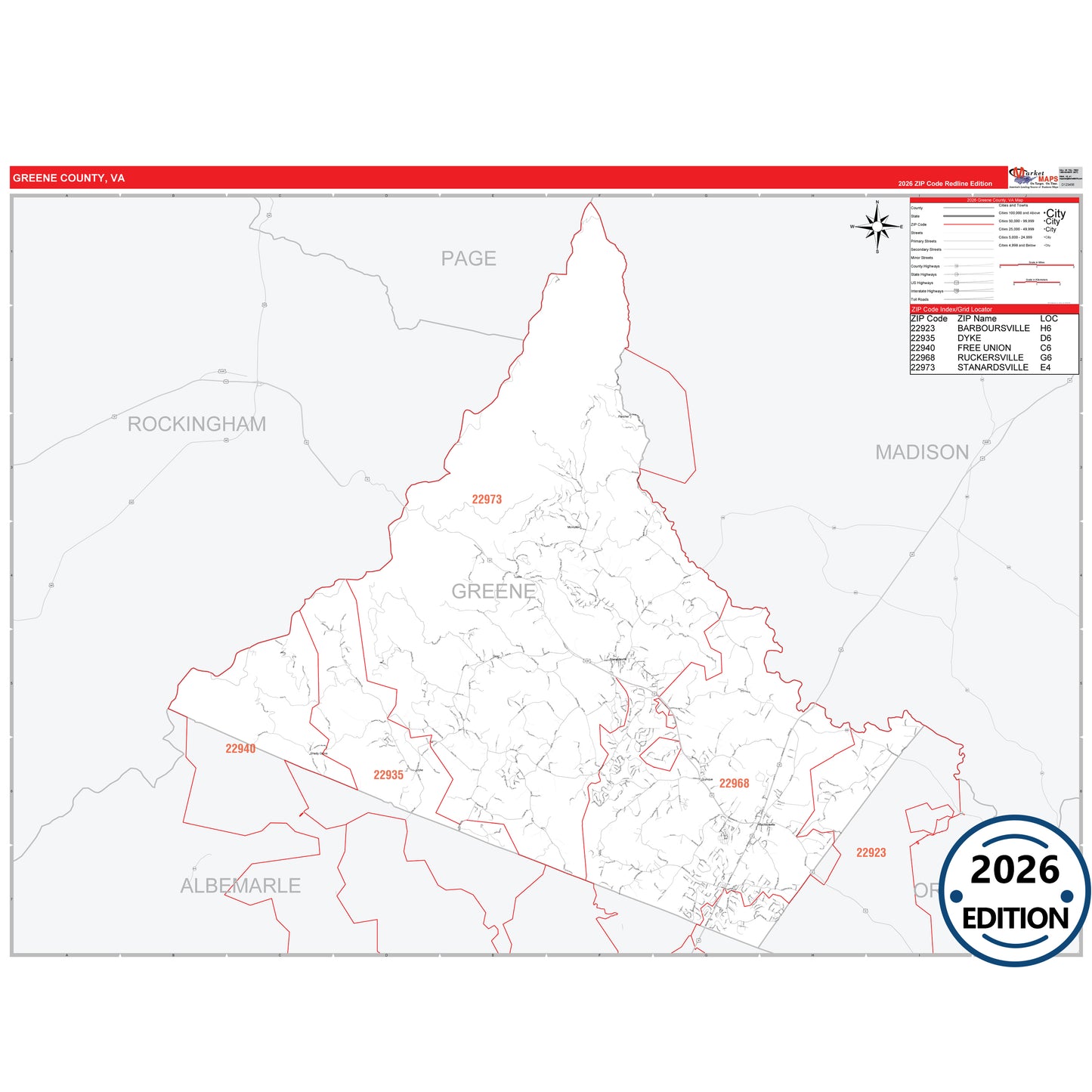 Greene County, VA Red Line 5 Digit ZIP Code Wall Map