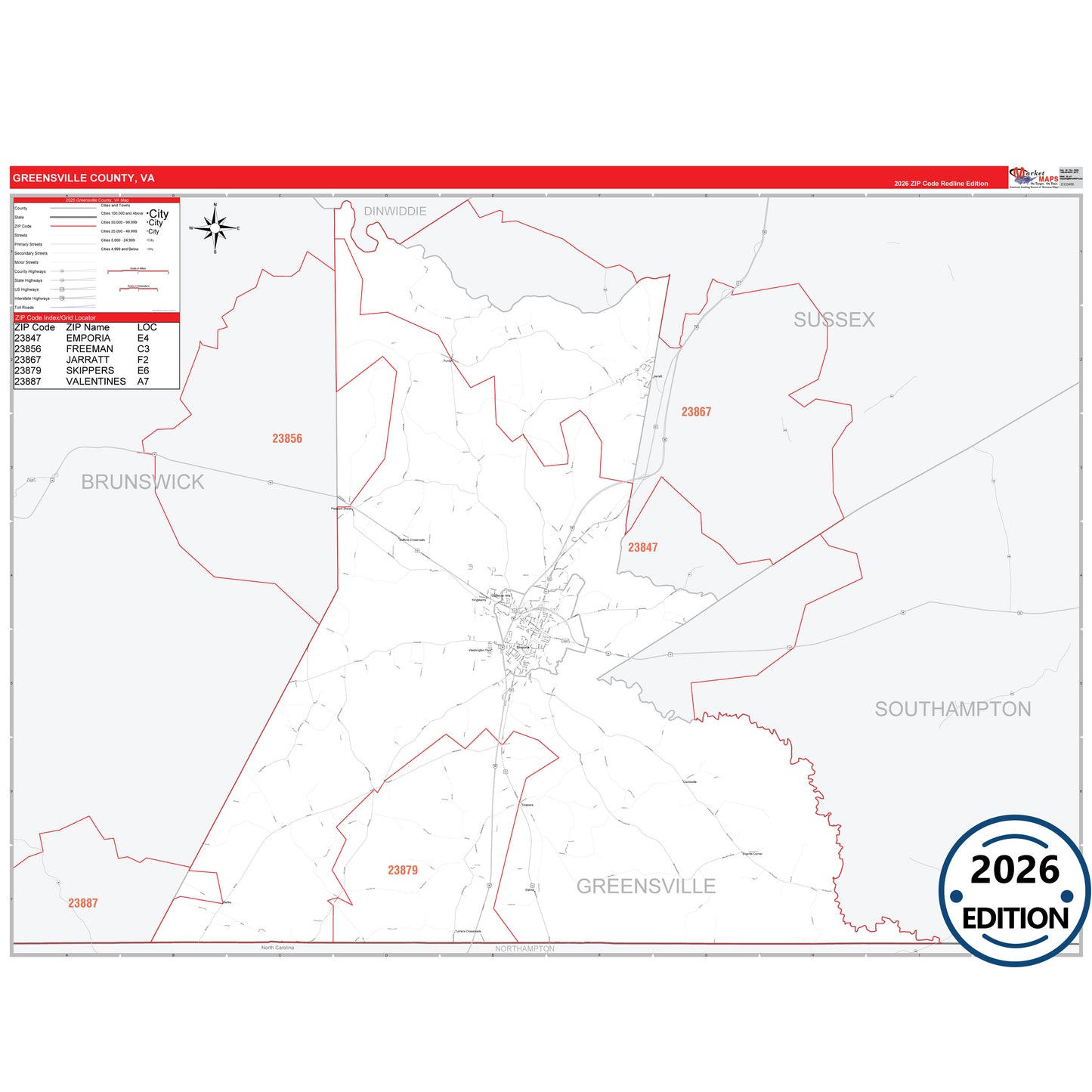 Greensville County, VA Red Line 5 Digit ZIP Code Wall Map