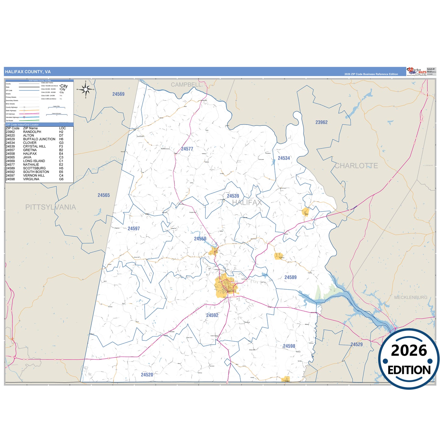 Halifax County, VA Business Reference 5 Digit ZIP Code Wall Map