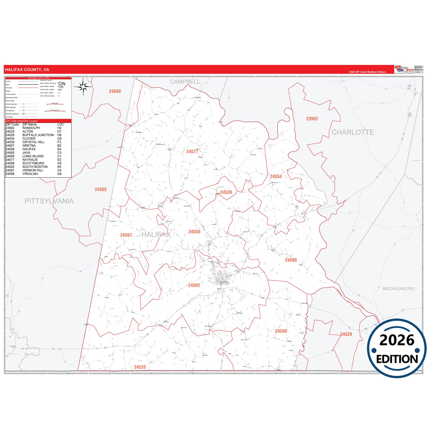 Halifax County, VA Red Line 5 Digit ZIP Code Wall Map