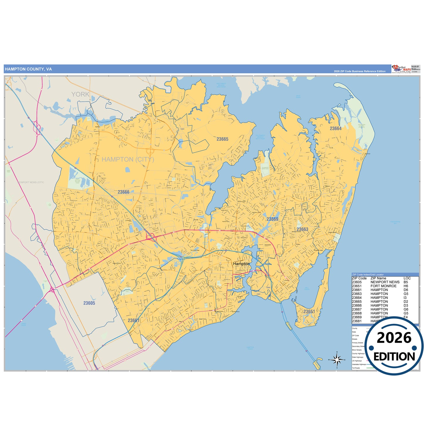 Hampton County, VA Business Reference 5 Digit ZIP Code Wall Map