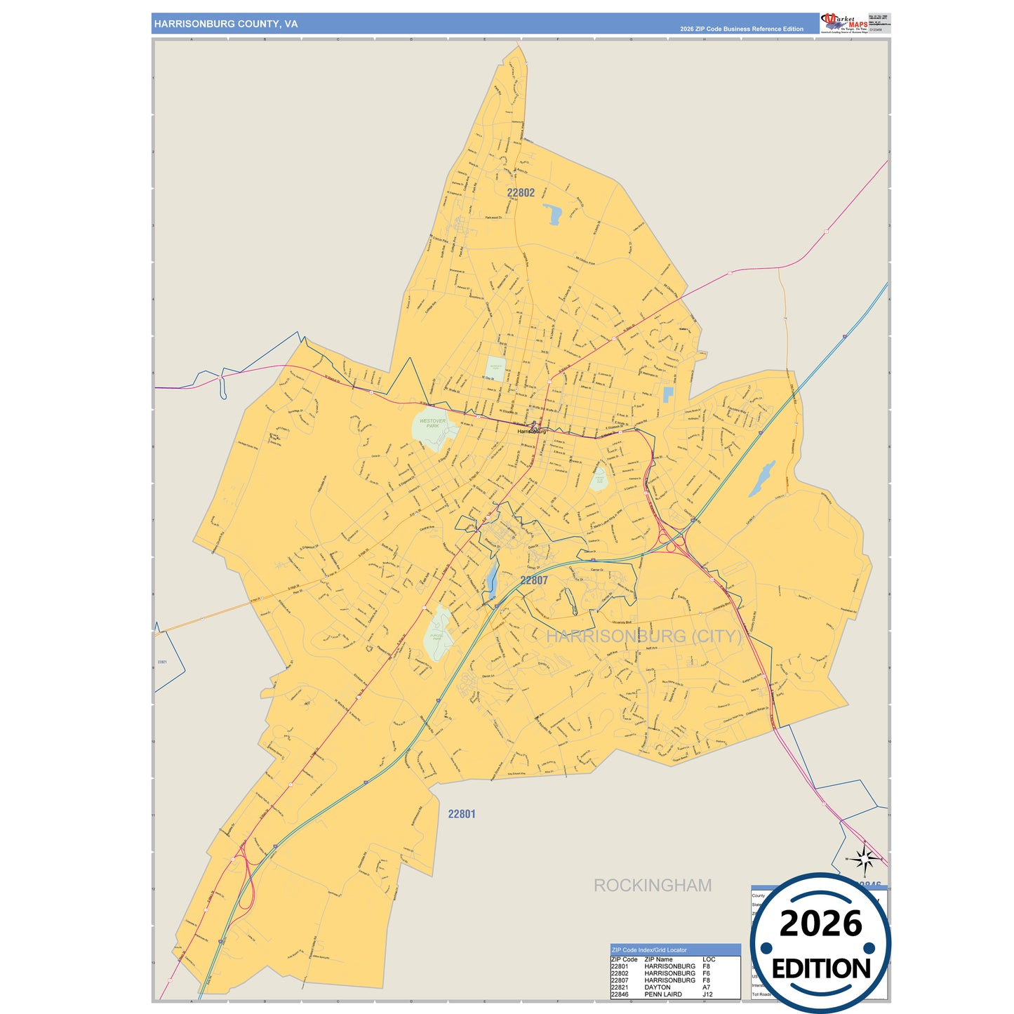 Harrisonburg County, VA Business Reference 5 Digit ZIP Code Wall Map