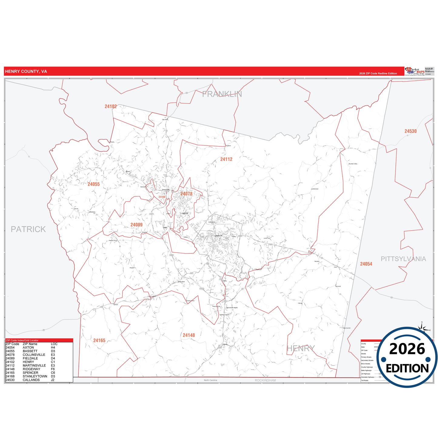 Henry County, VA Red Line 5 Digit ZIP Code Wall Map