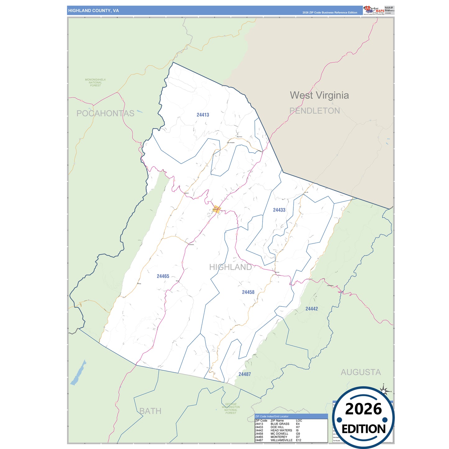 Highland County, VA Business Reference 5 Digit ZIP Code Wall Map