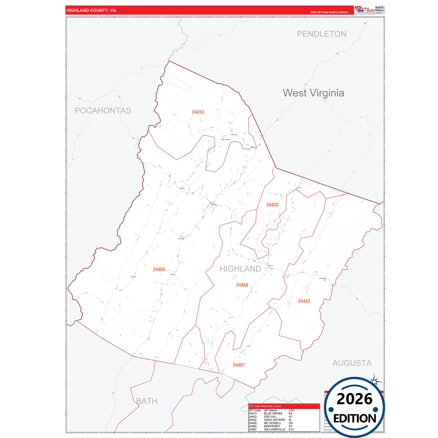Highland County, VA Red Line 5 Digit ZIP Code Wall Map