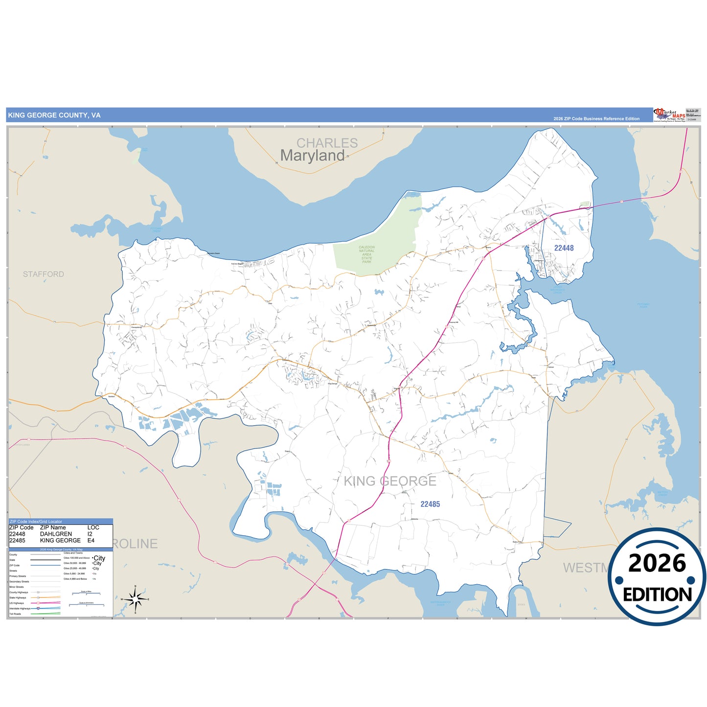 King George County, VA Business Reference 5 Digit ZIP Code Wall Map