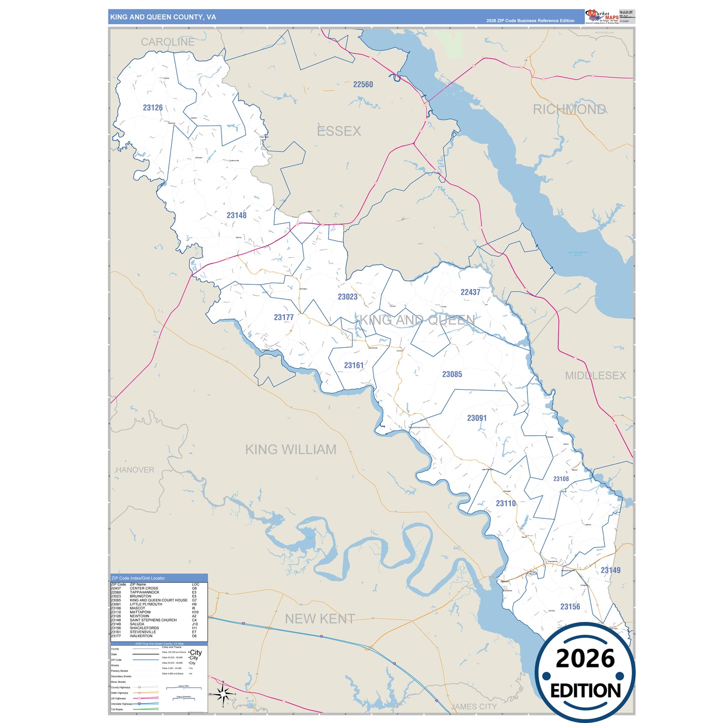 King and Queen County, VA Business Reference 5 Digit ZIP Code Wall Map