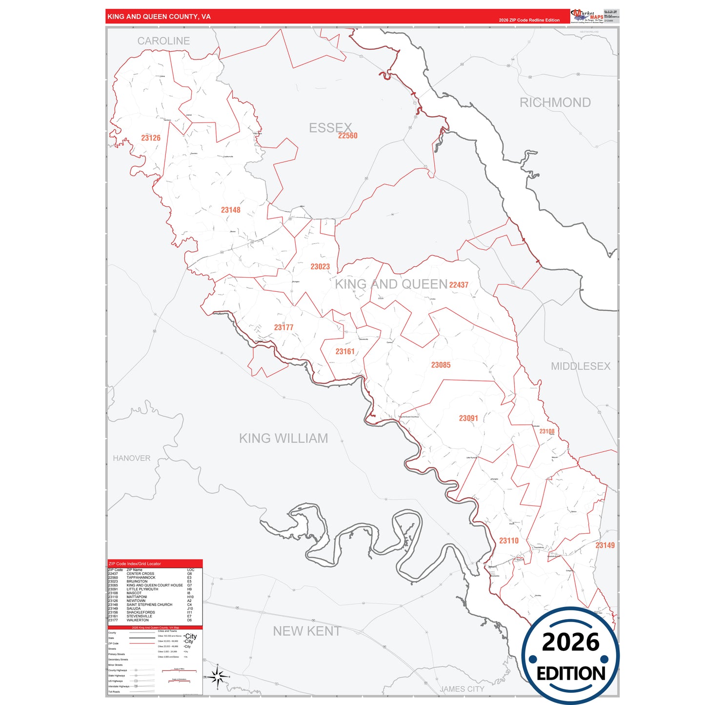 King and Queen County, VA Red Line 5 Digit ZIP Code Wall Map