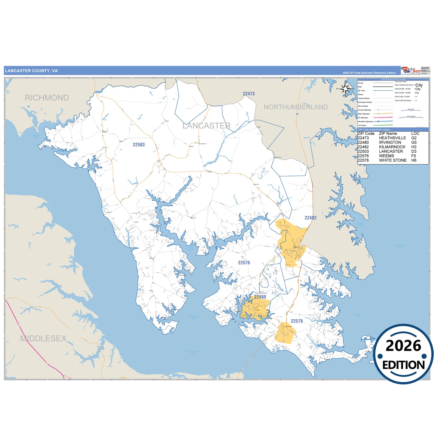 Lancaster County, VA Business Reference 5 Digit ZIP Code Wall Map