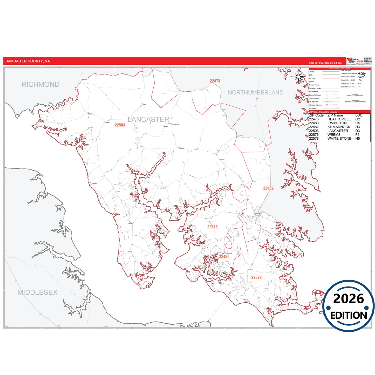 Lancaster County, VA Red Line 5 Digit ZIP Code Wall Map