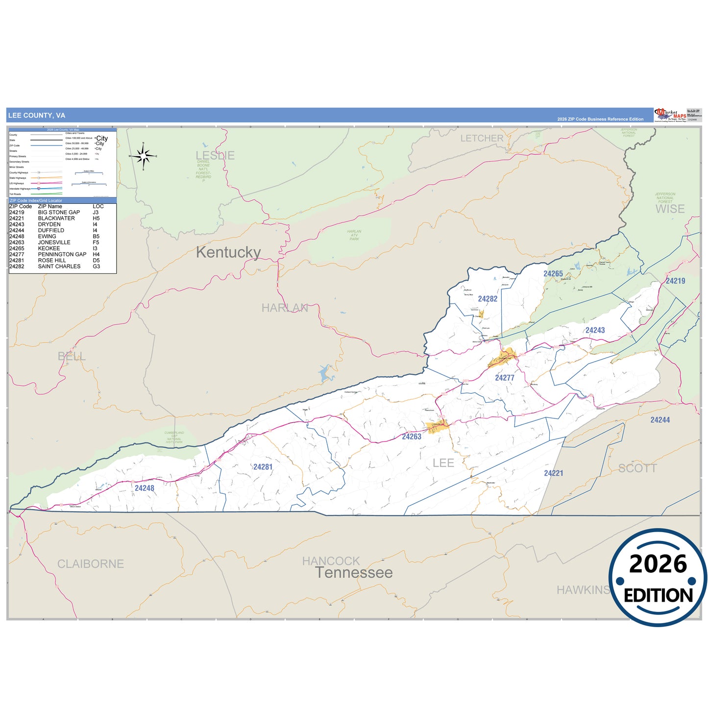 Lee County, VA Business Reference 5 Digit ZIP Code Wall Map