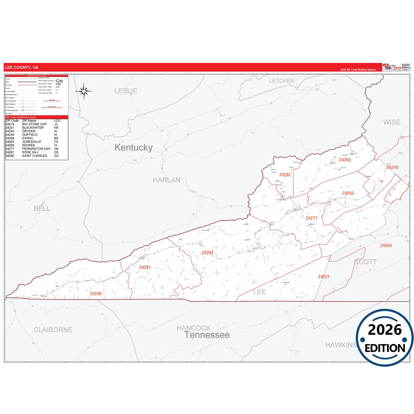 Lee County, VA Red Line 5 Digit ZIP Code Wall Map