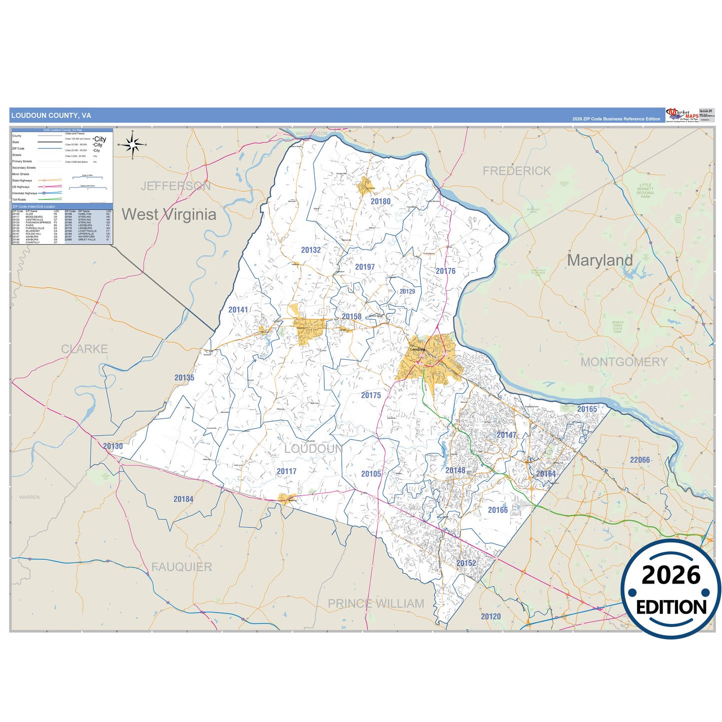 Loudoun County, VA Business Reference 5 Digit ZIP Code Wall Map