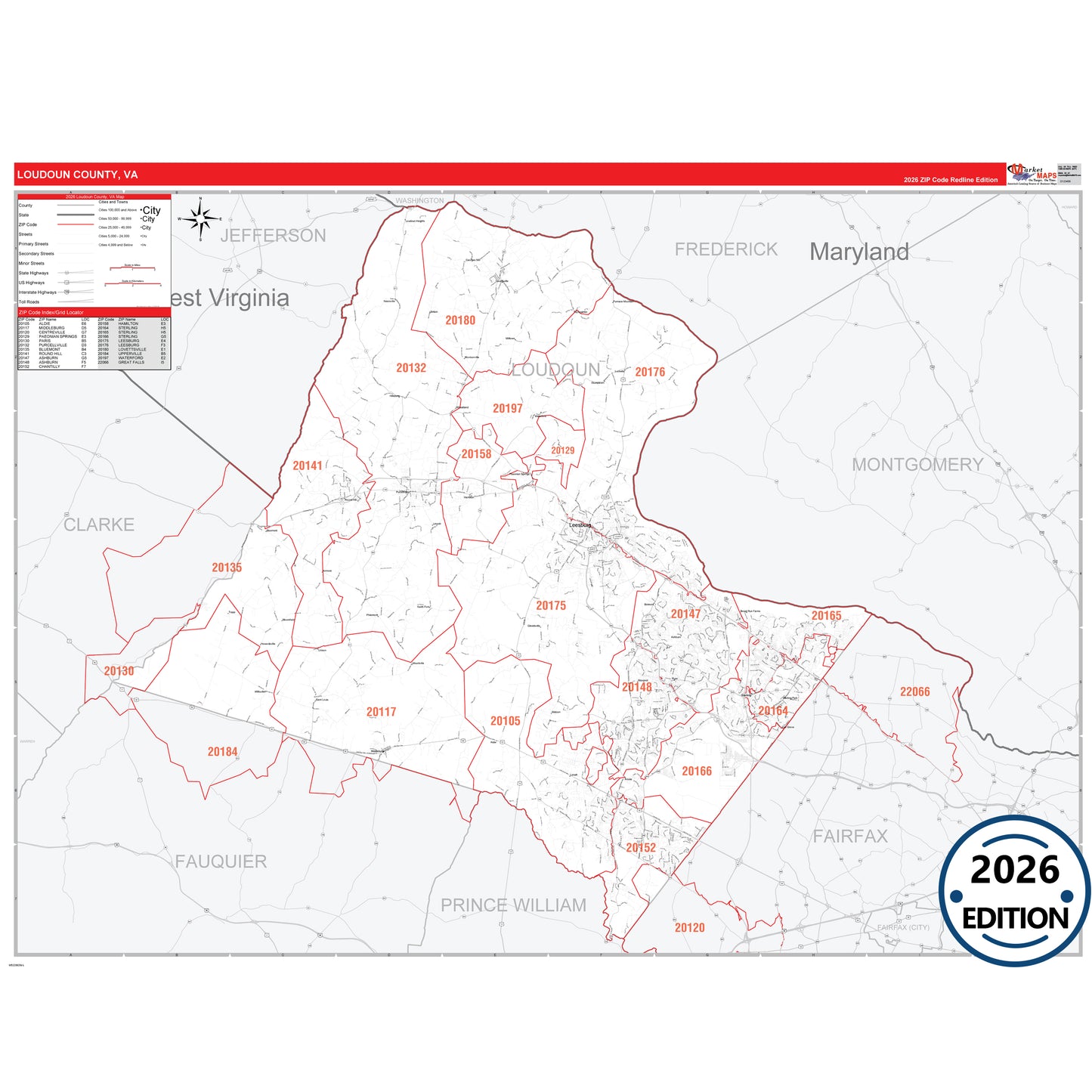 Loudoun County, VA Red Line 5 Digit ZIP Code Wall Map