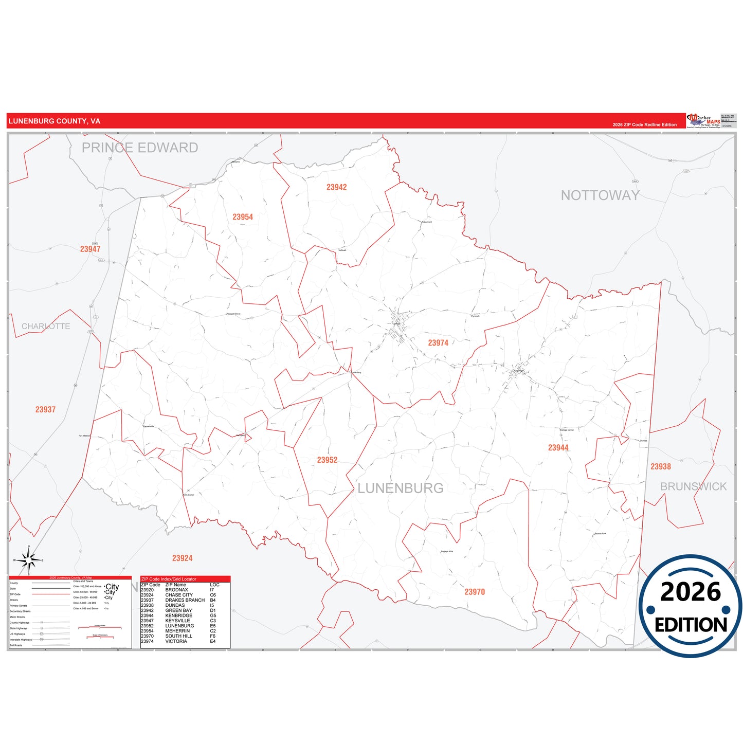 Lunenburg County, VA Red Line 5 Digit ZIP Code Wall Map