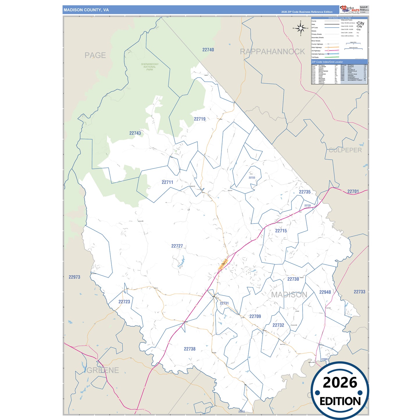 Madison County, VA Business Reference 5 Digit ZIP Code Wall Map