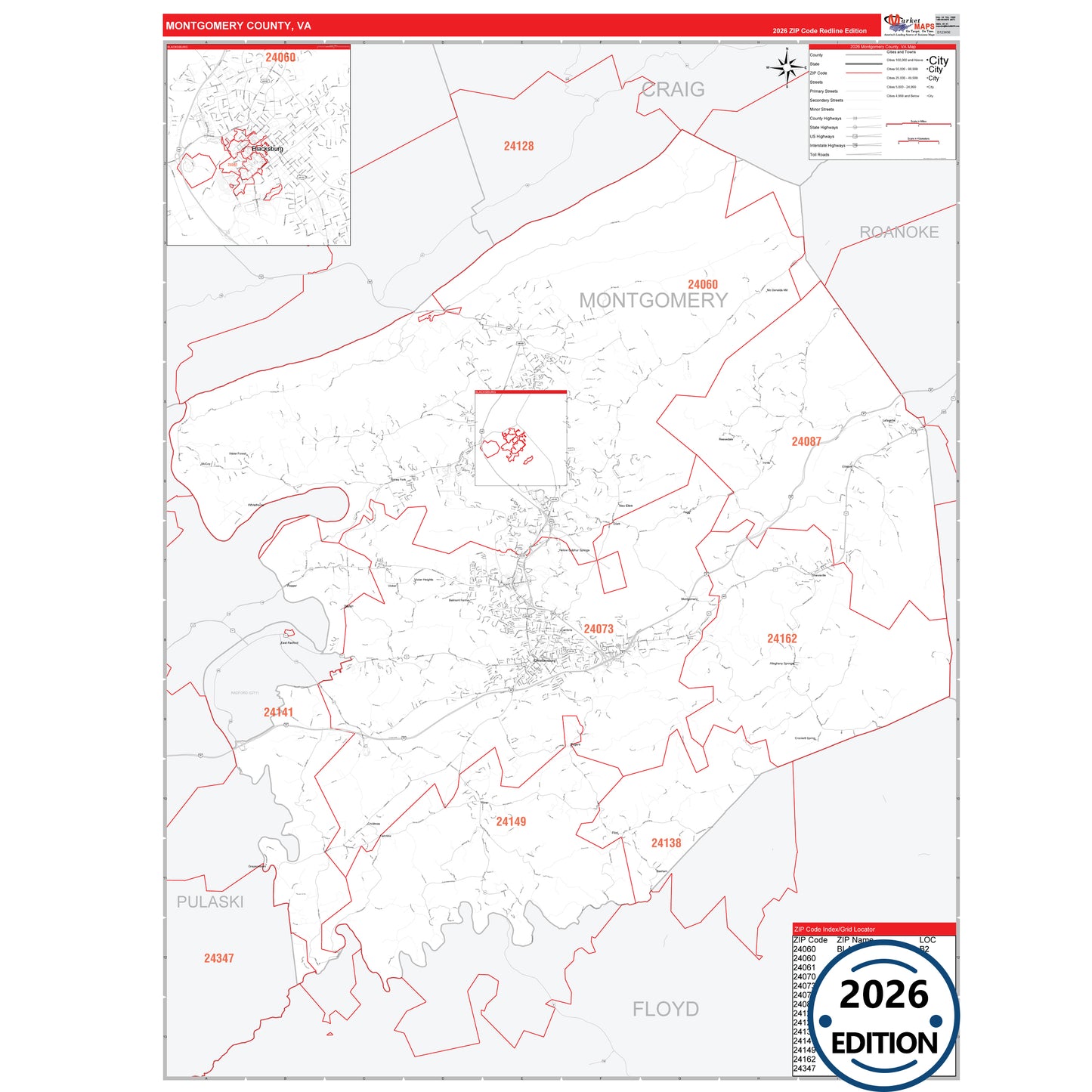 Montgomery County, VA Red Line 5 Digit ZIP Code Wall Map