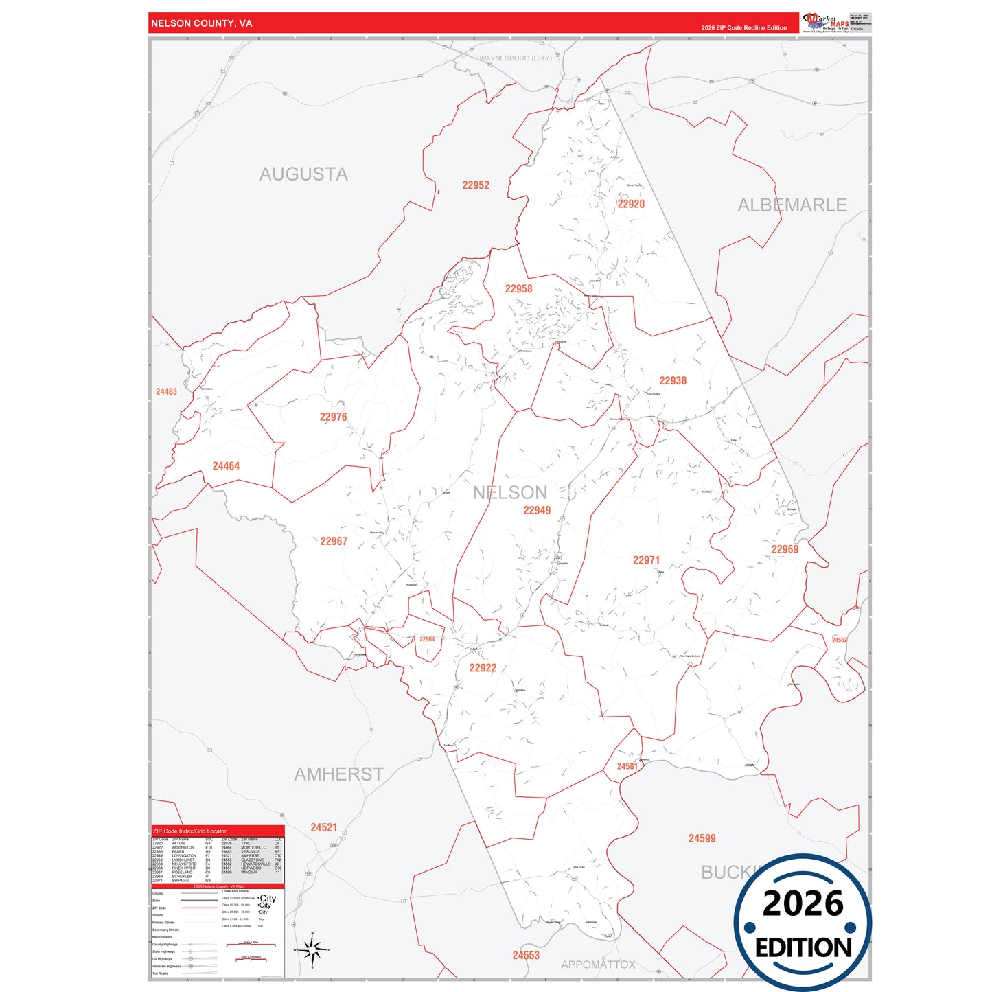 Nelson County, VA Red Line 5 Digit ZIP Code Wall Map