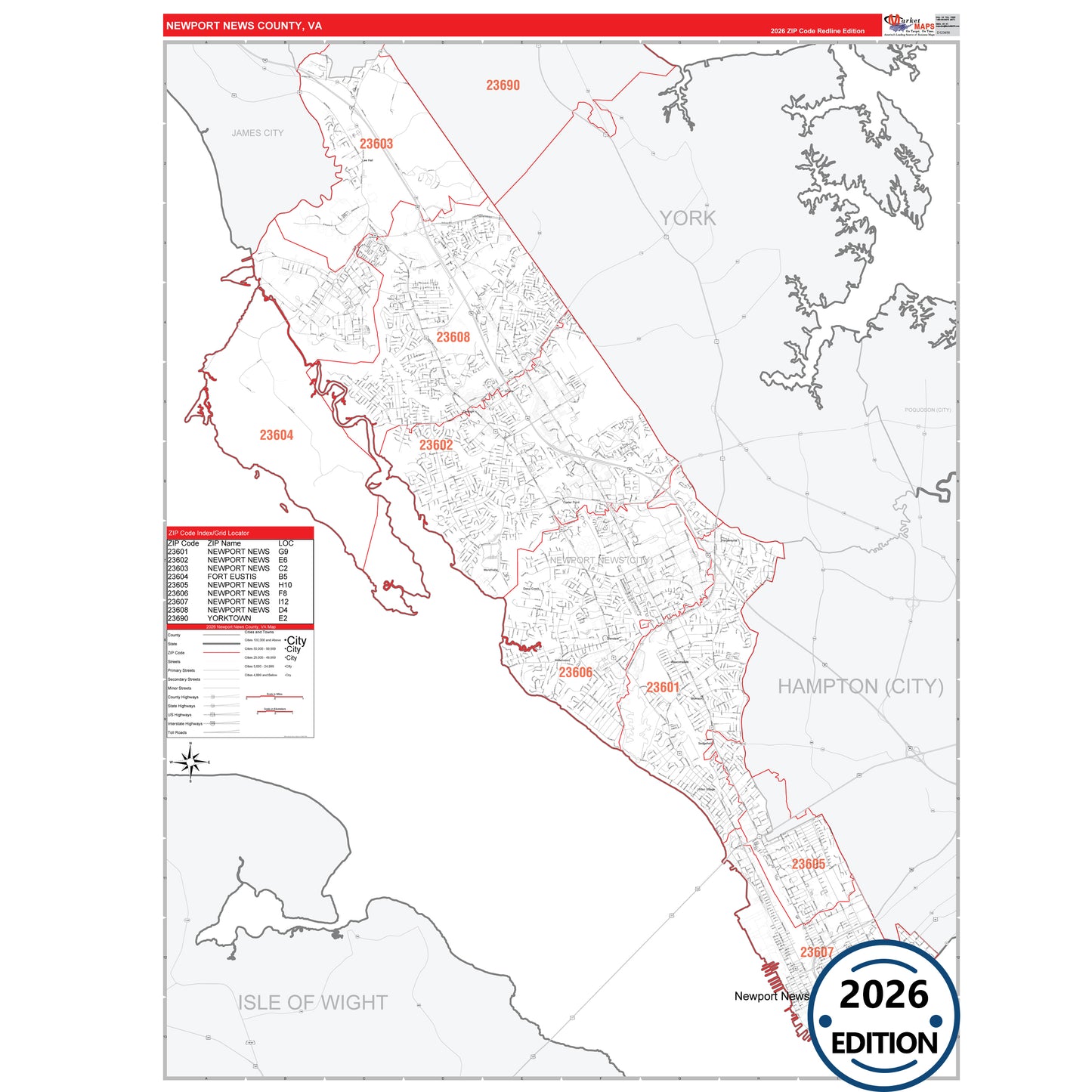 Newport News County, VA Red Line 5 Digit ZIP Code Wall Map