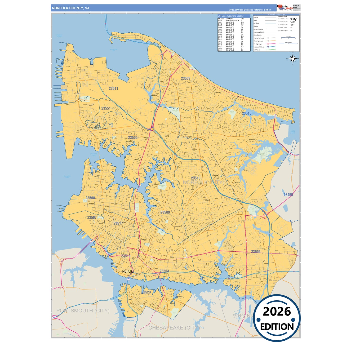 Norfolk County, VA Business Reference 5 Digit ZIP Code Wall Map