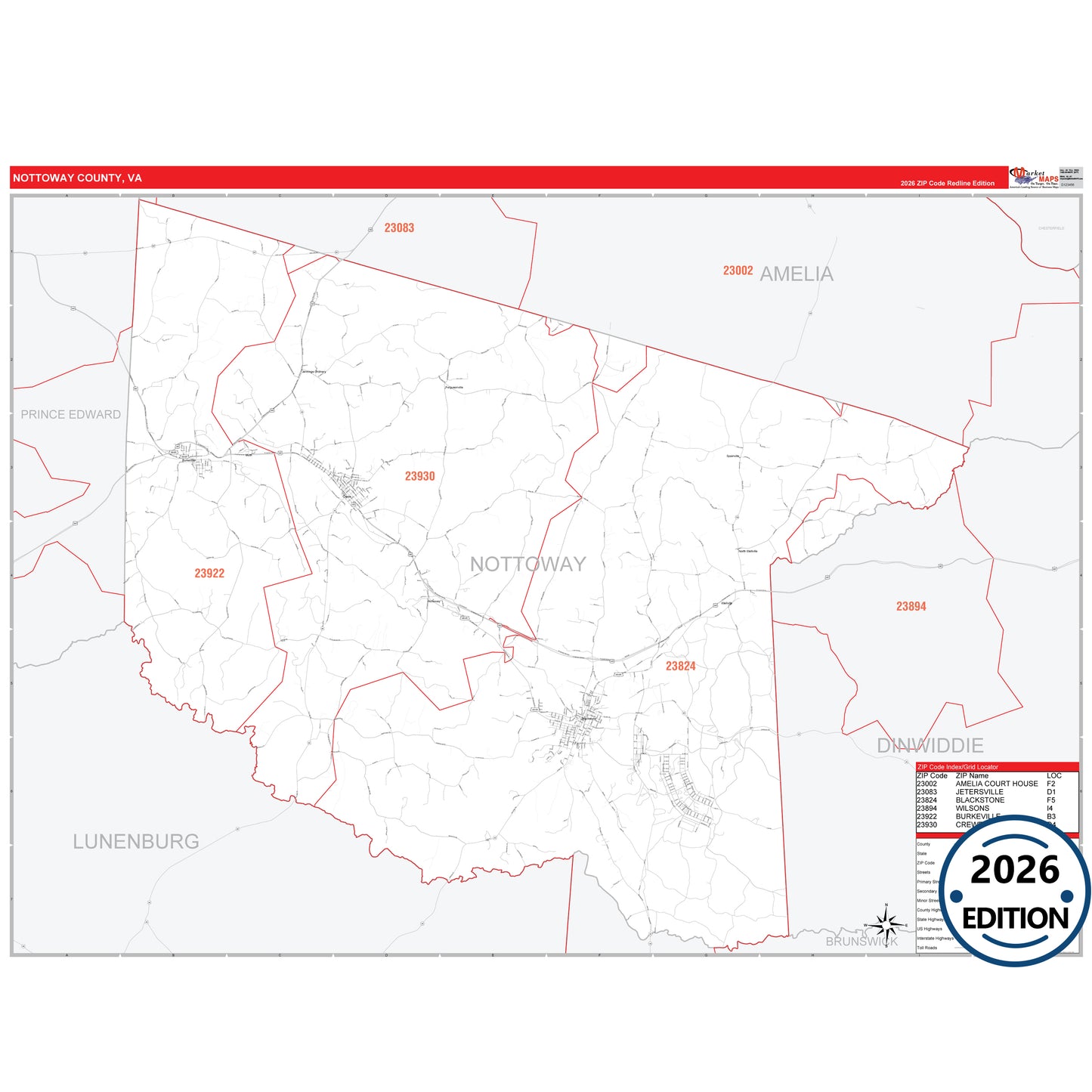 Nottoway County, VA Red Line 5 Digit ZIP Code Wall Map