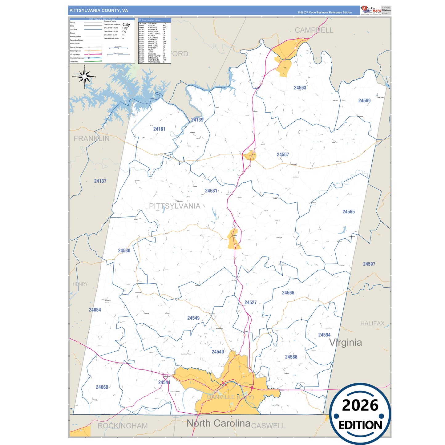 Pittsylvania County, VA Business Reference 5 Digit ZIP Code Wall Map