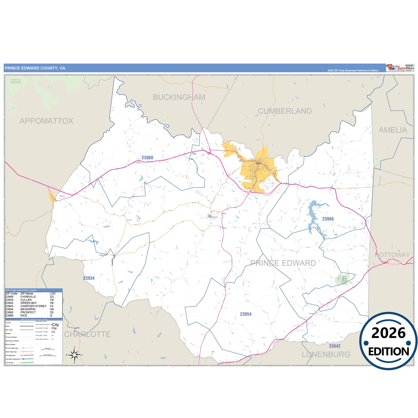 Prince Edward County, VA Business Reference 5 Digit ZIP Code Wall Map