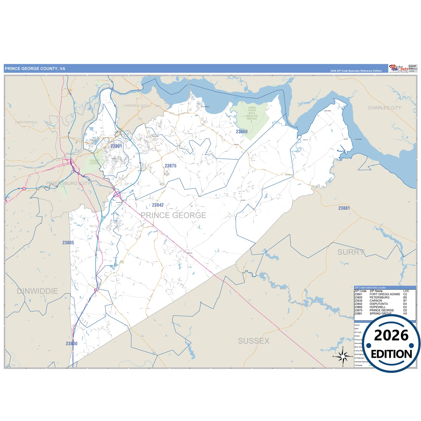 Prince George County, VA Business Reference 5 Digit ZIP Code Wall Map