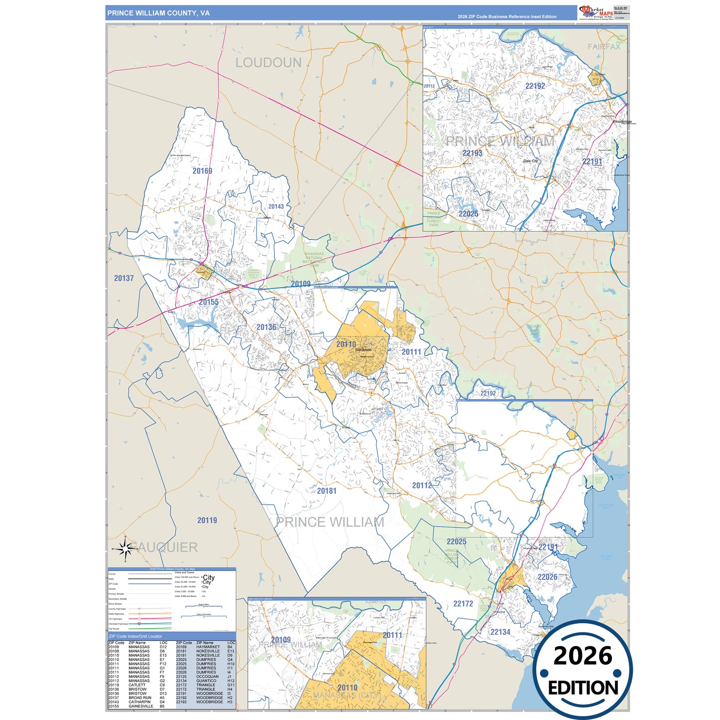 Prince William County, VA Business Reference 5 Digit ZIP Code Wall Map