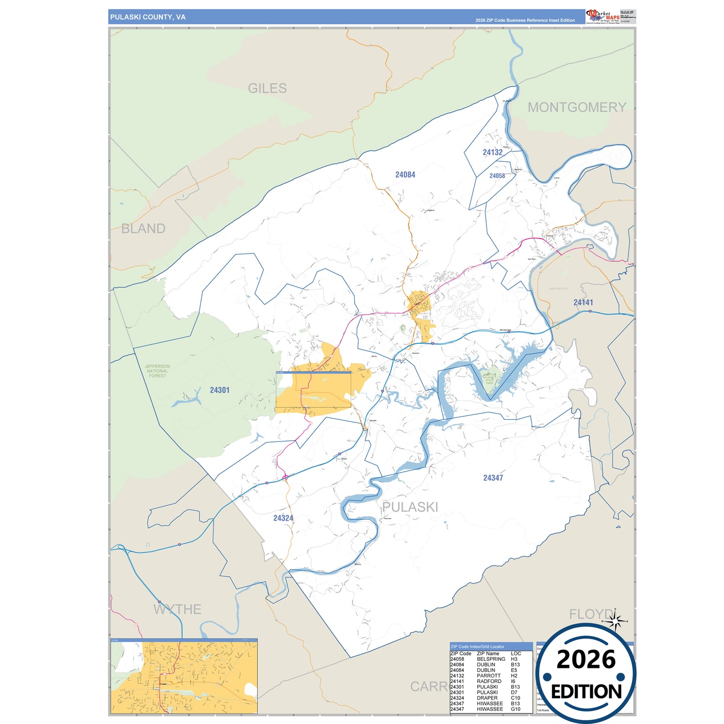 Pulaski County, VA Business Reference 5 Digit ZIP Code Wall Map
