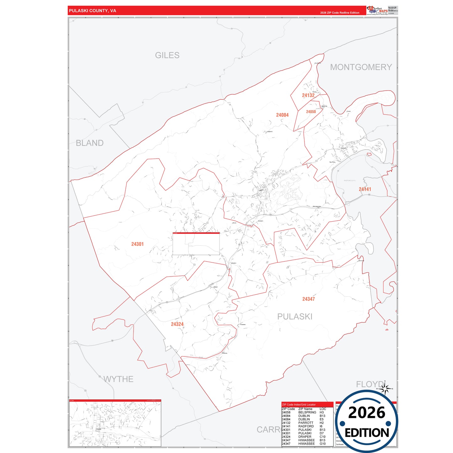 Pulaski County, VA Red Line 5 Digit ZIP Code Wall Map