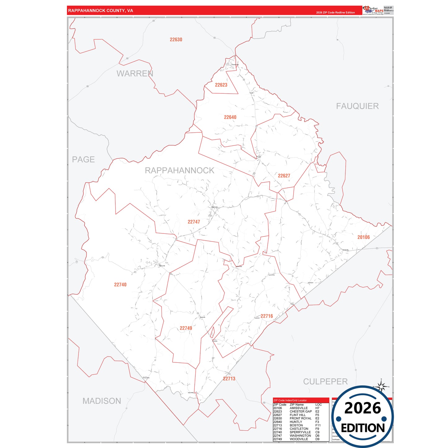 Rappahannock County, VA Red Line 5 Digit ZIP Code Wall Map
