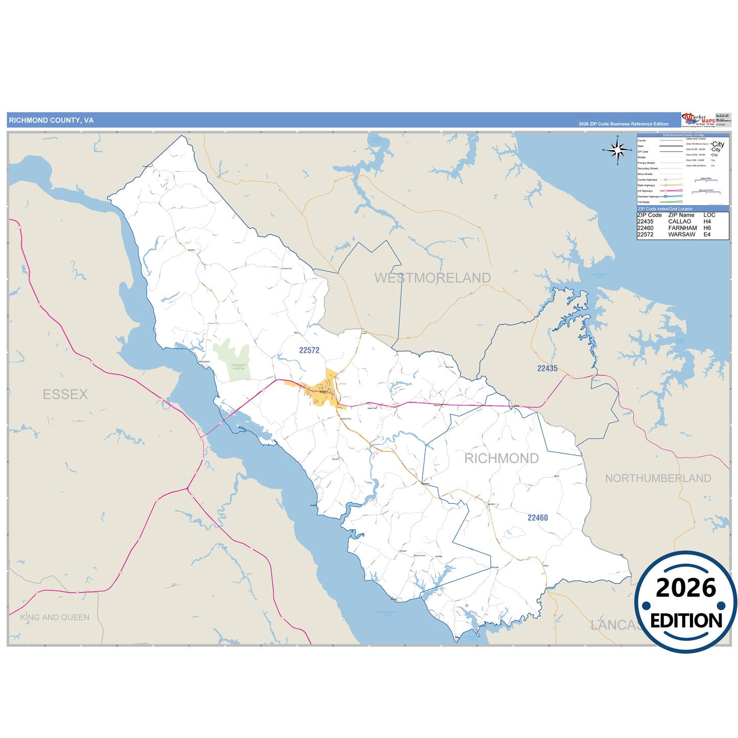 Richmond County, VA Business Reference 5 Digit ZIP Code Wall Map