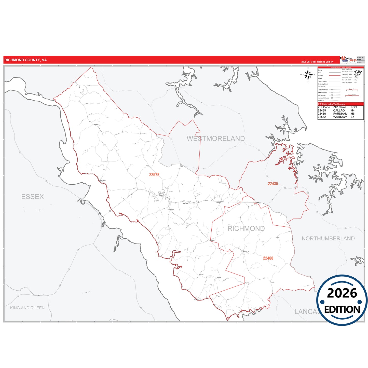 Richmond County, VA Red Line 5 Digit ZIP Code Wall Map