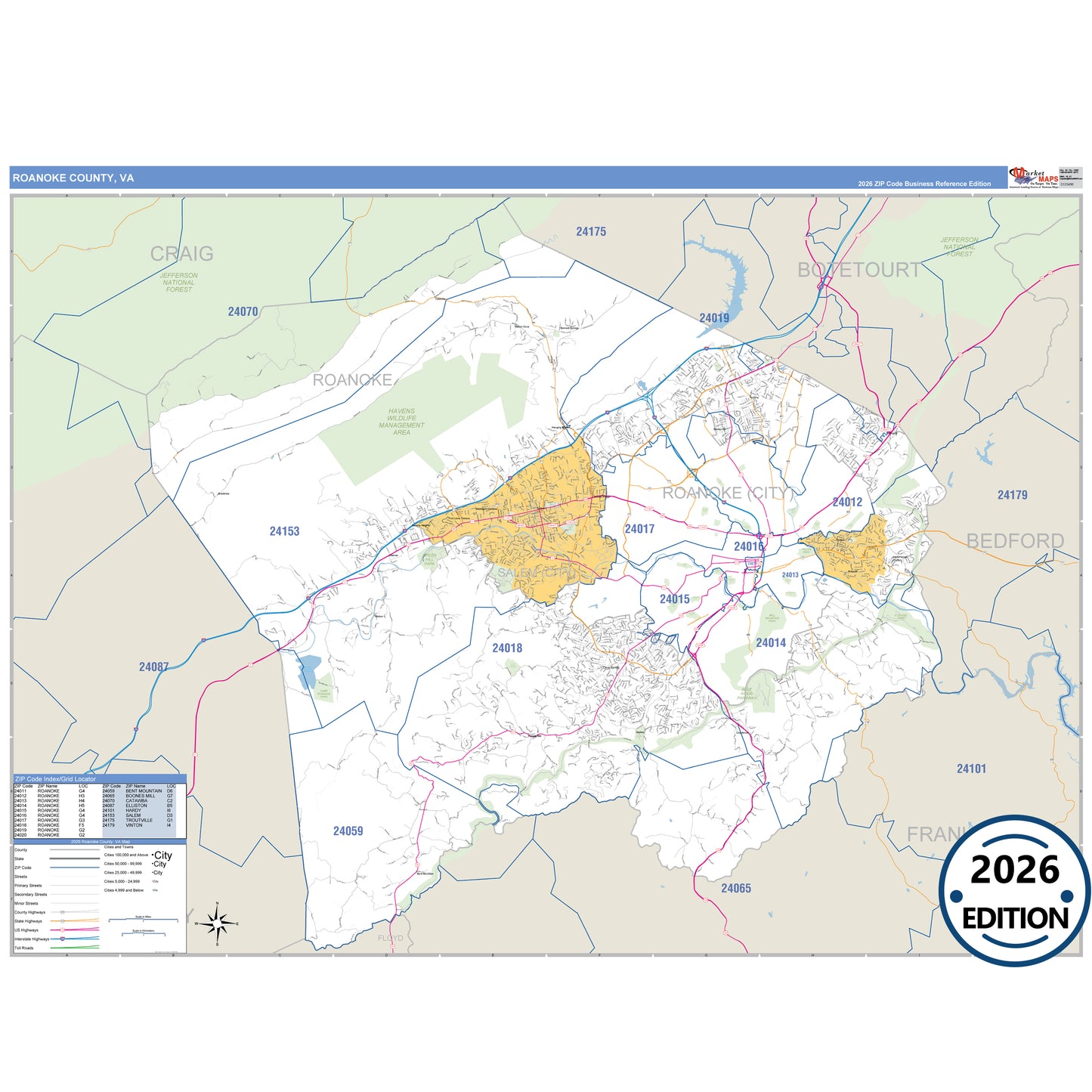 Roanoke County, VA Business Reference 5 Digit ZIP Code Wall Map
