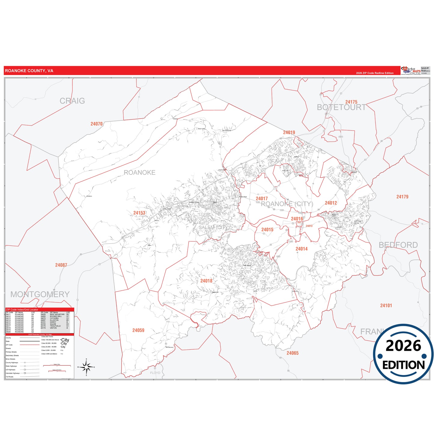 Roanoke County, VA Red Line 5 Digit ZIP Code Wall Map