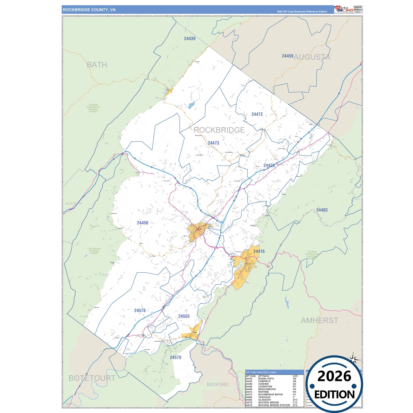 Rockbridge County, VA Business Reference 5 Digit ZIP Code Wall Map