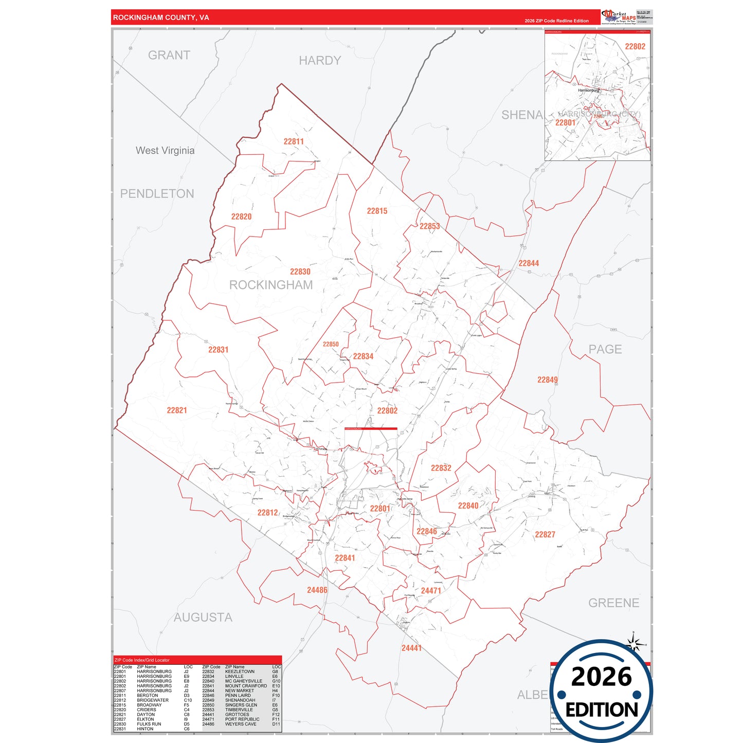 Rockingham County, VA Red Line 5 Digit ZIP Code Wall Map