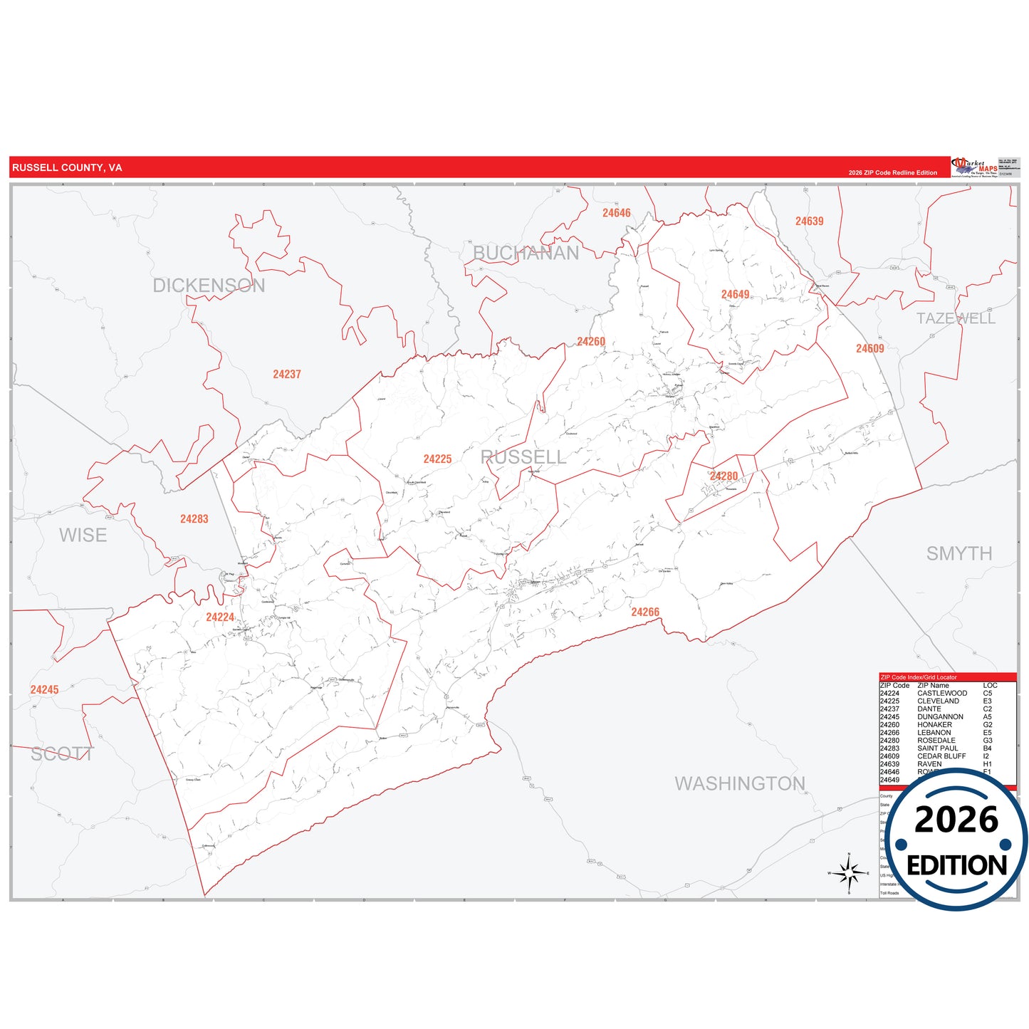 Russell County, VA Red Line 5 Digit ZIP Code Wall Map