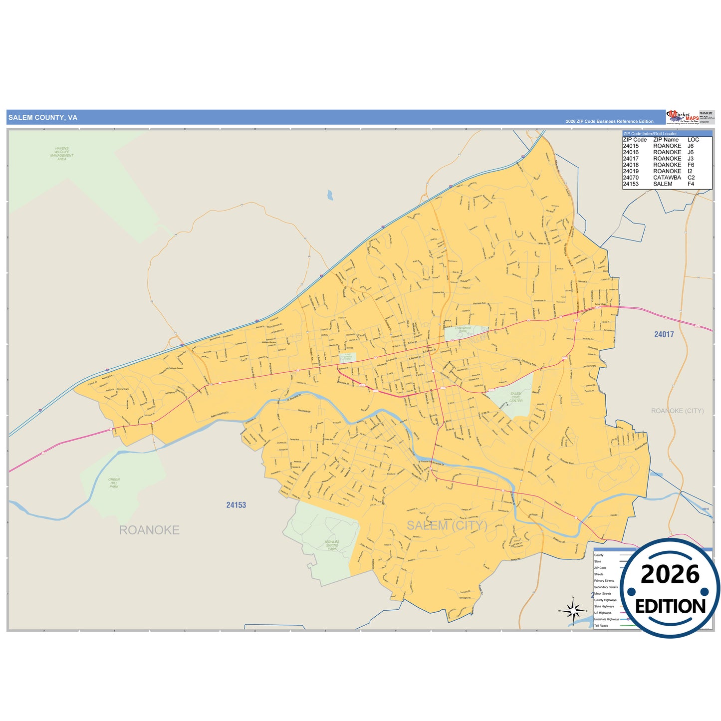 Salem County, VA Business Reference 5 Digit ZIP Code Wall Map