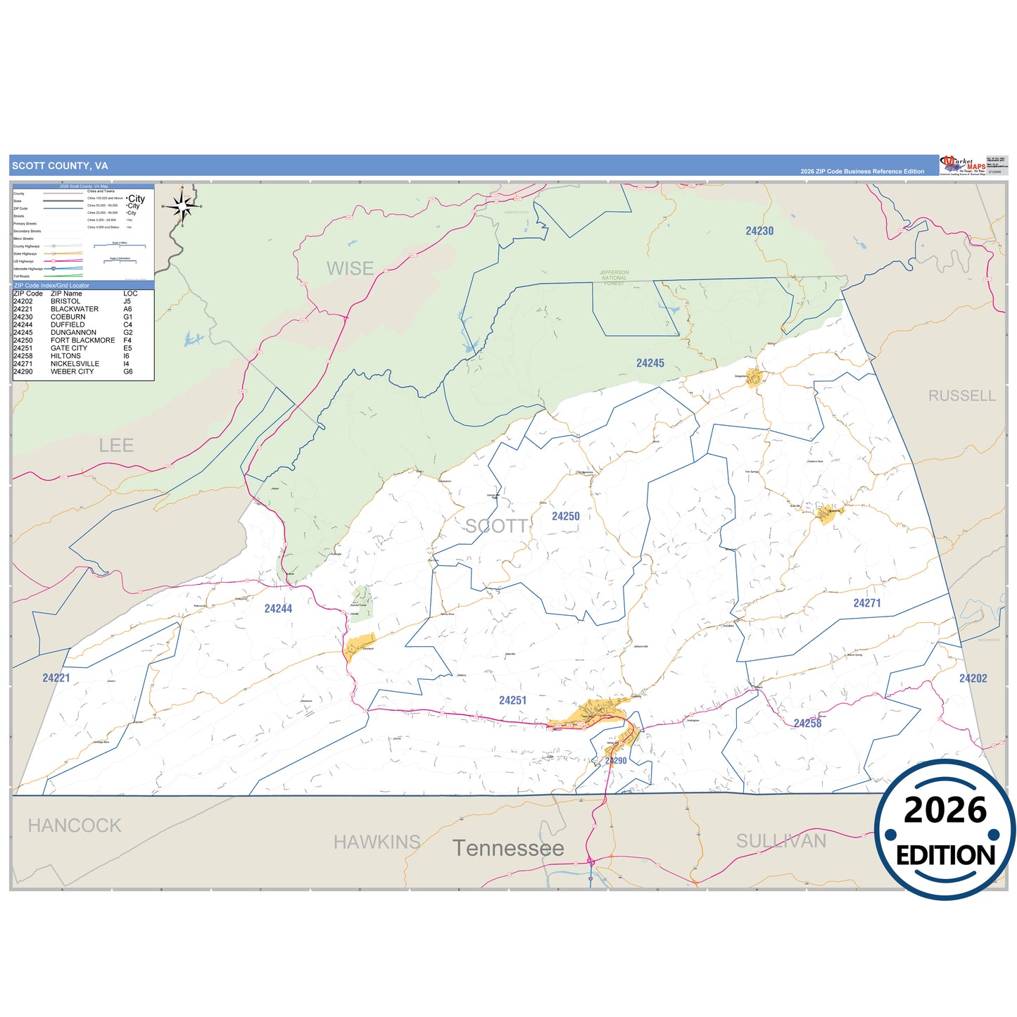 Scott County, VA Business Reference 5 Digit ZIP Code Wall Map