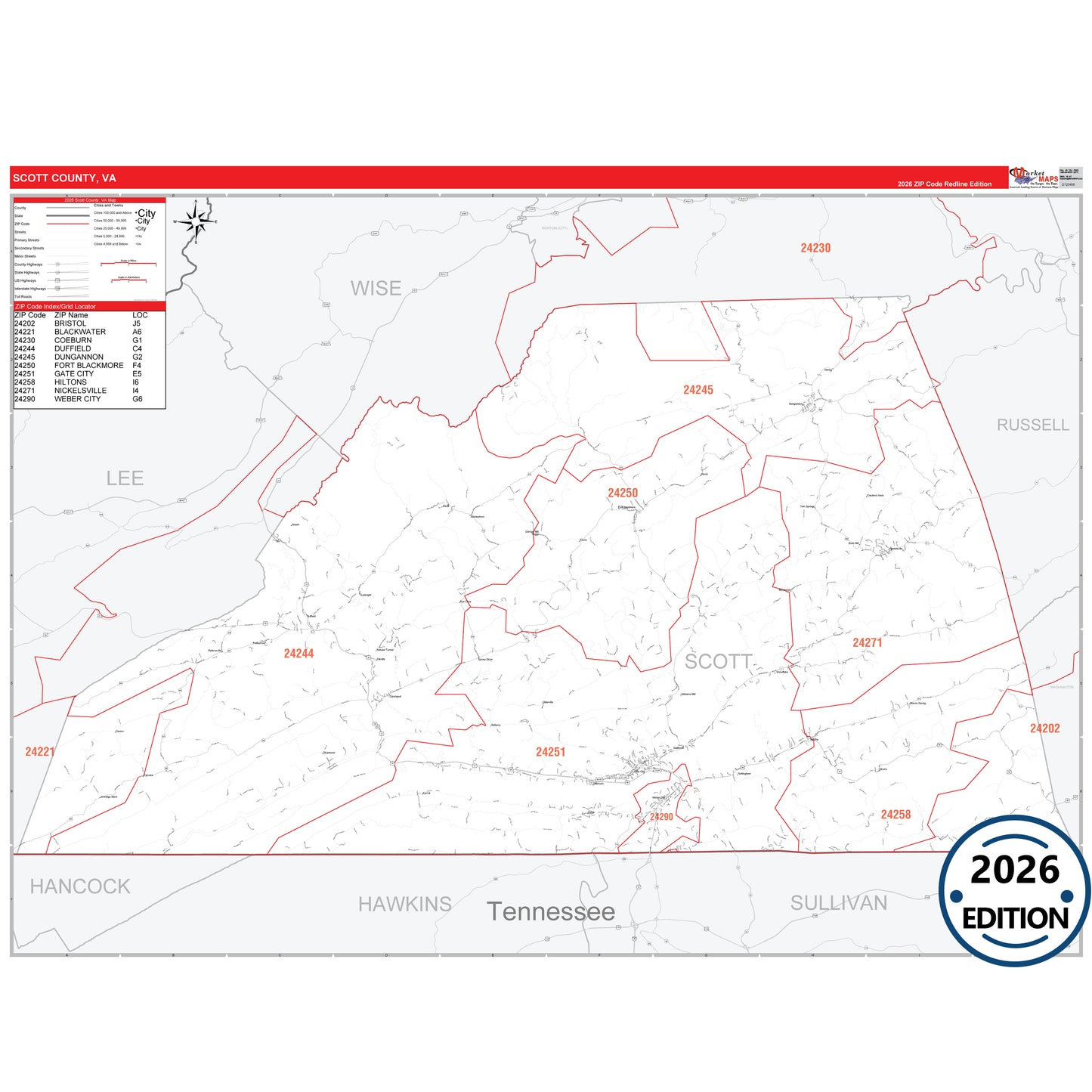 Scott County, VA Red Line 5 Digit ZIP Code Wall Map
