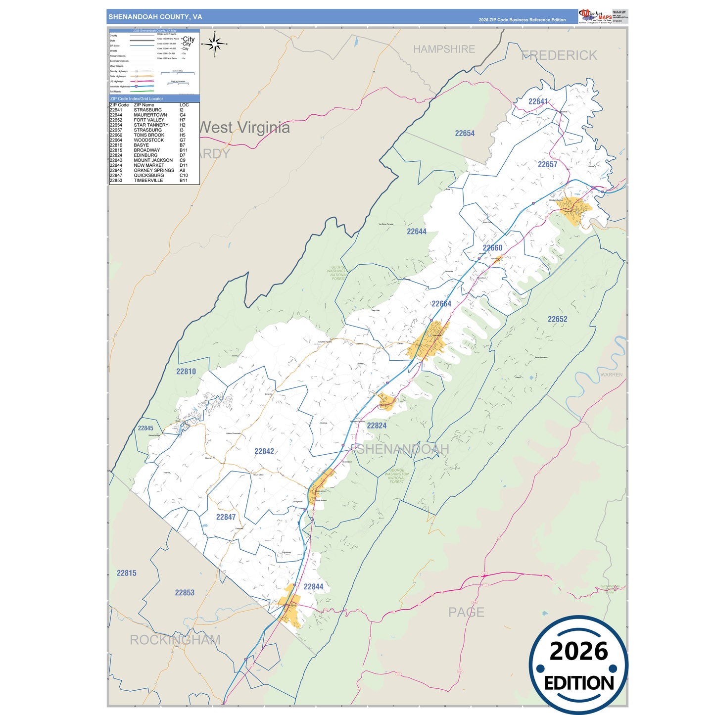 Shenandoah County, VA Business Reference 5 Digit ZIP Code Wall Map