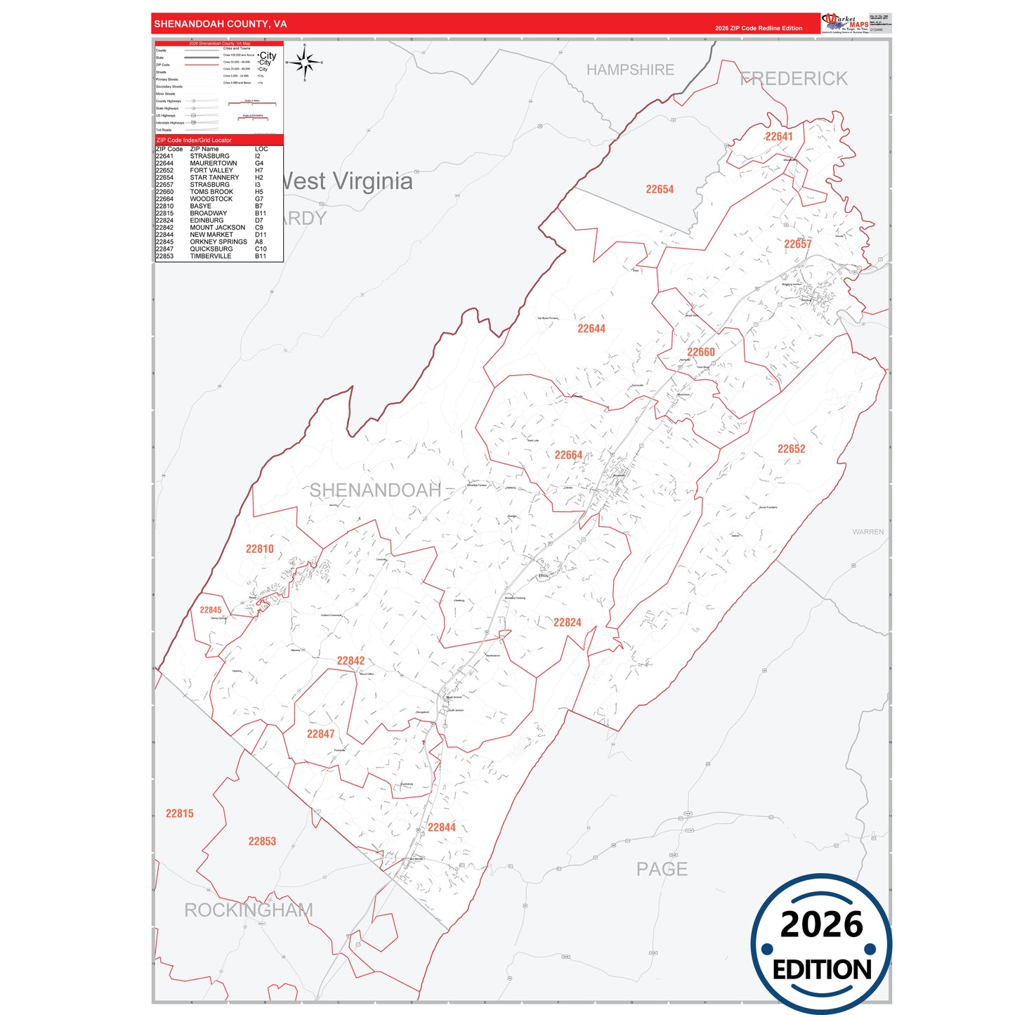 Shenandoah County, VA Red Line 5 Digit ZIP Code Wall Map