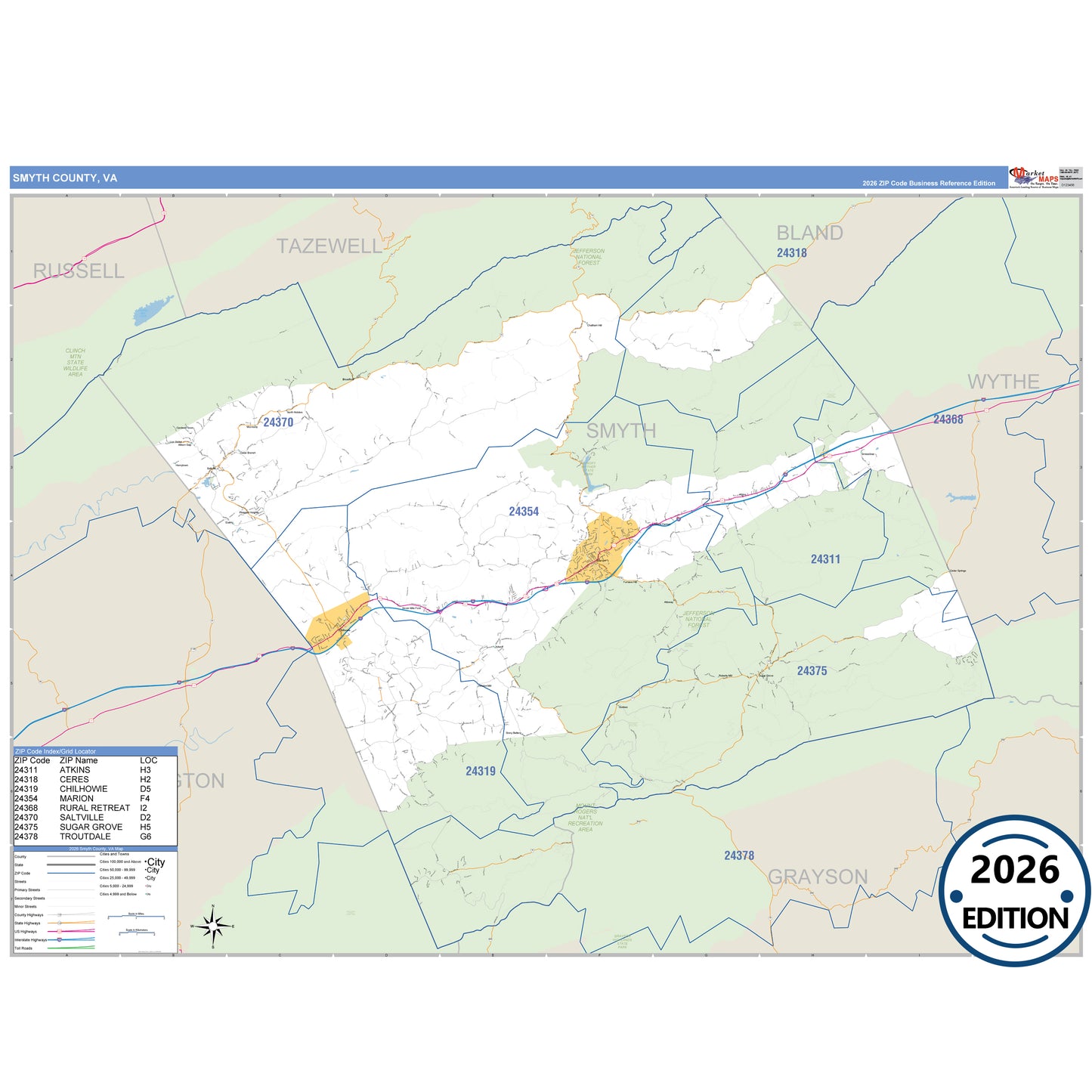Smyth County, VA Business Reference 5 Digit ZIP Code Wall Map