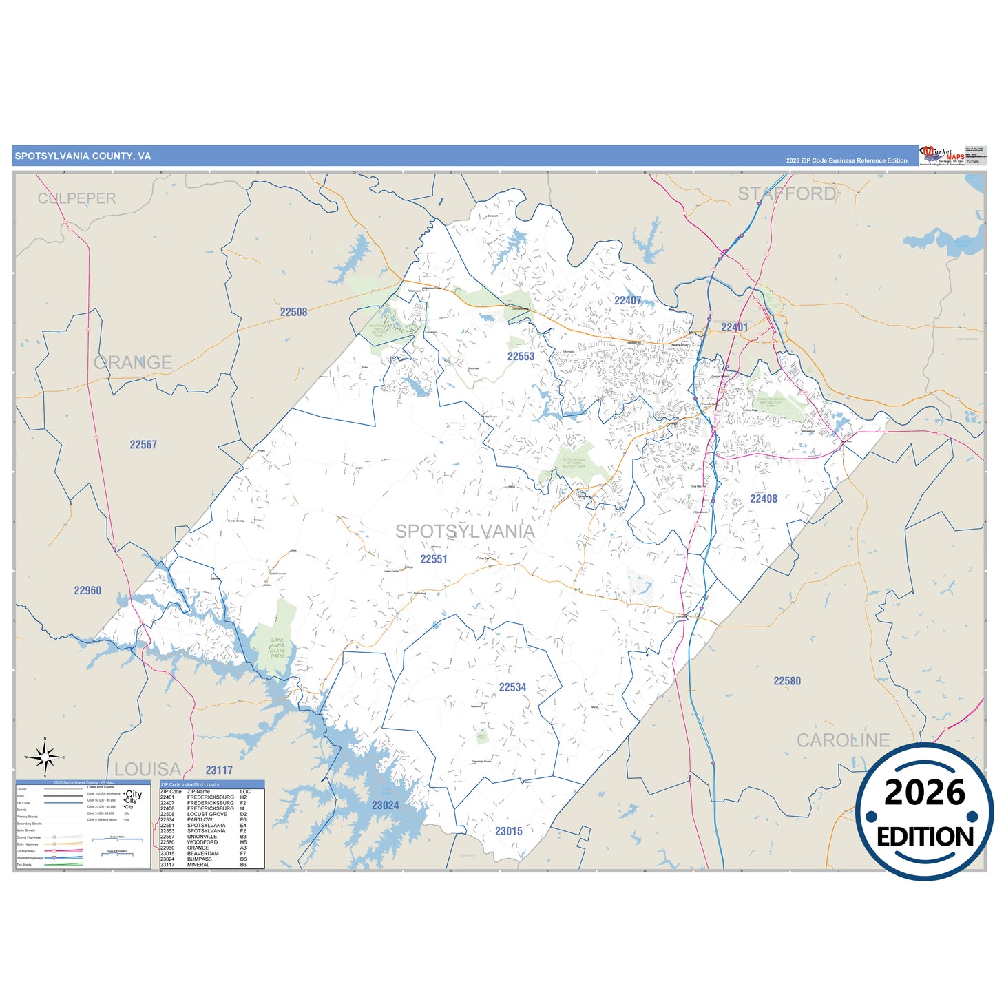 Spotsylvania County, VA Business Reference 5 Digit ZIP Code Wall Map