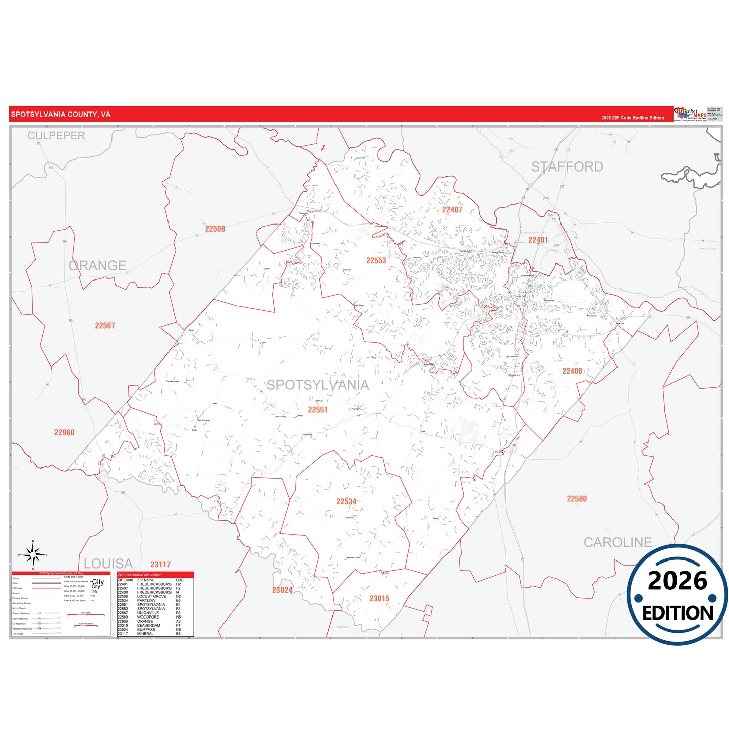 Spotsylvania County, VA Red Line 5 Digit ZIP Code Wall Map